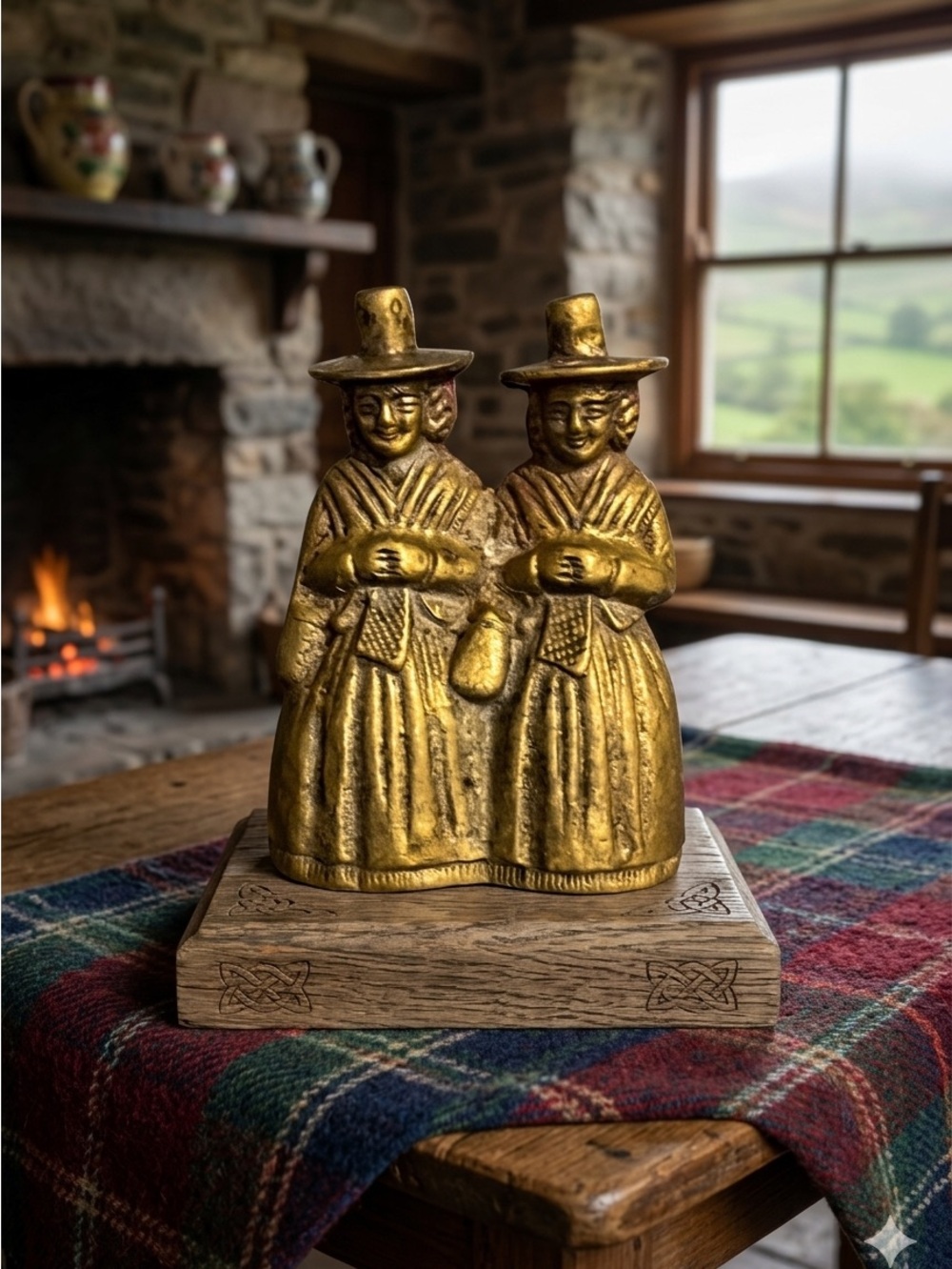 🩷 Vintage Pilgrims Brass Bell Two Women Colonial Figures Bell 4"H